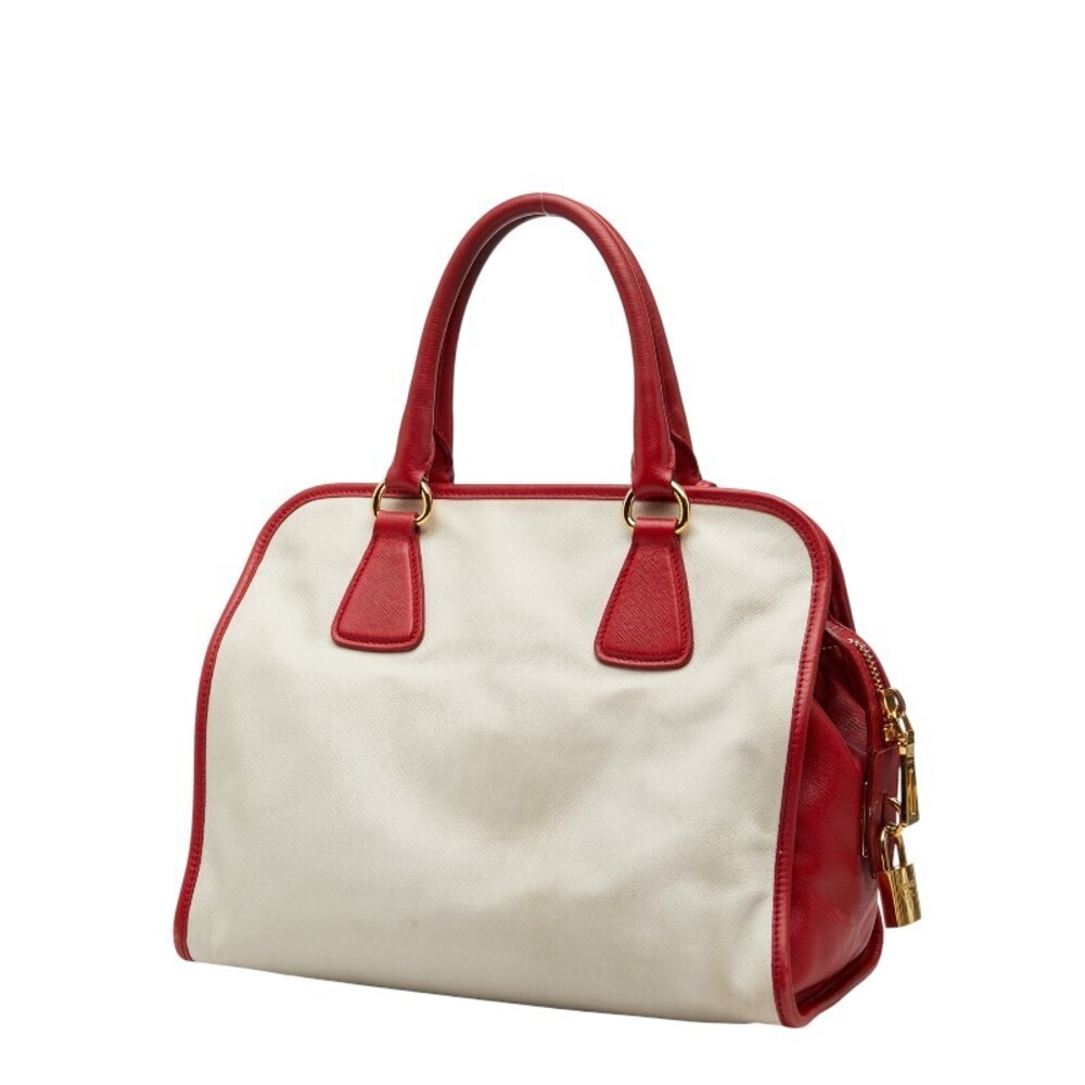Prada White Red Saffiano Handbag Triangle Leather Plate Logo